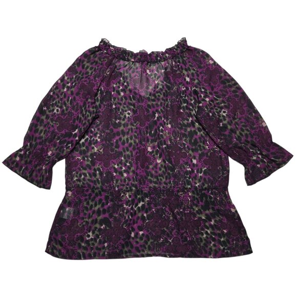 Apostrophe Top Women Medium Purple Leopard Floral Sheer Bell Sleeve Boho Peasant - Picture 10 of 12
